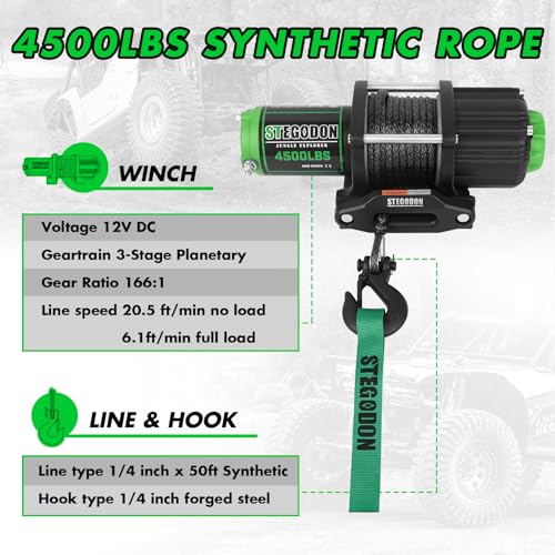 STEGODON 4500 lb Winch 12V Waterproof Electric Winch,ATV/UTV Winch with Synthetic Rope Winch with Wireless Remote and Mounting Bracket - Image 5