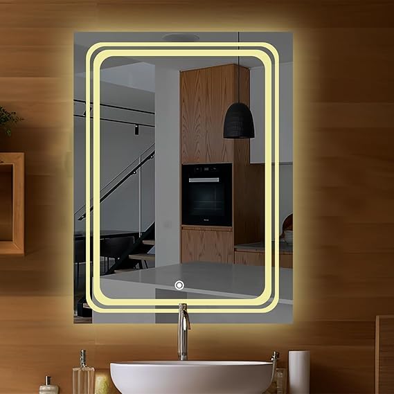 TINITALO Quality Glass Rectangular Led Mirror For Bathroon With Back Light Imported Touch Sensor + Dimmer + White Light + Coold Day Light + Warm Light Total 3 Light Brightness Adjustable,Wall Mount - Image 2