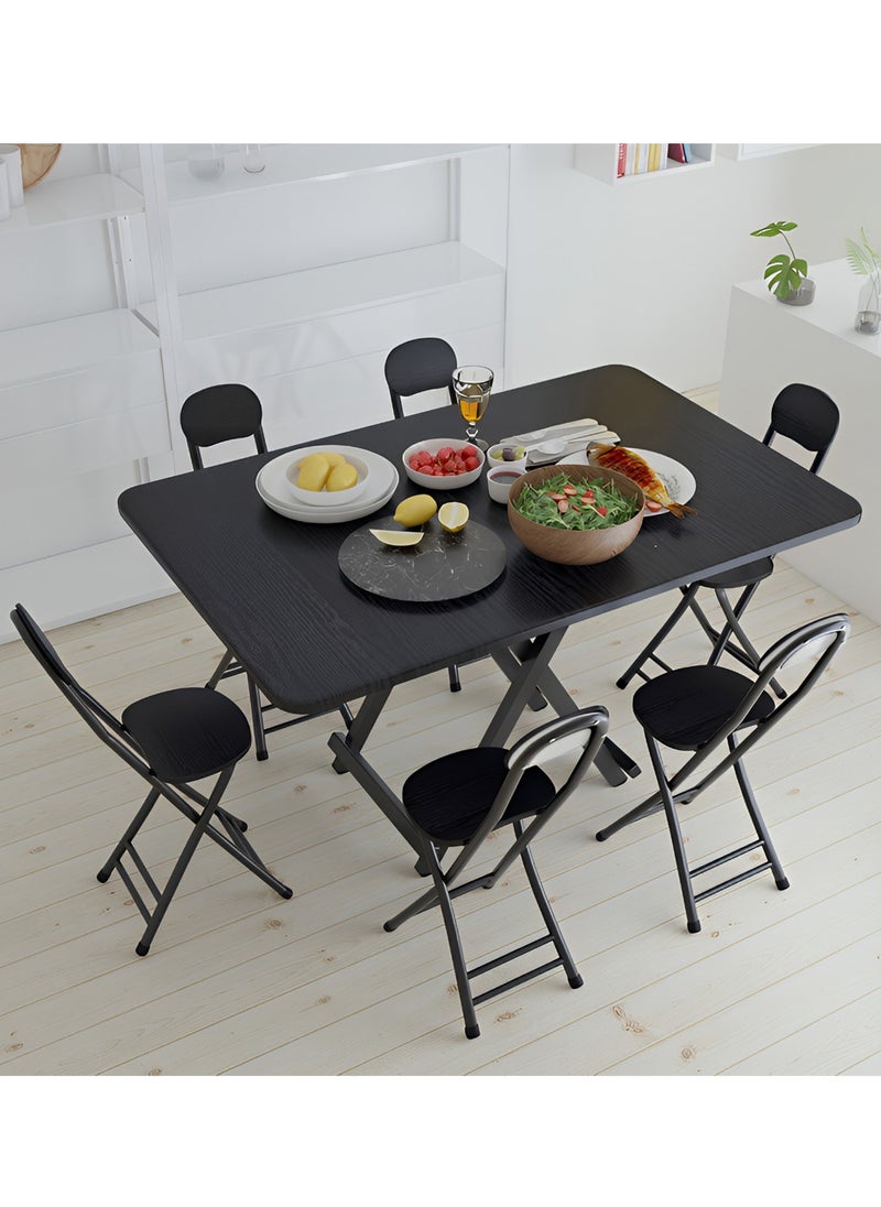 Taimi 7-Piece Folding Dining Set, Rectangular Dining Table with 6 Chairs Elegant Design, Wooden Table 120x60x74cm with 6 Folding Chairs with Metal Frame - Black 