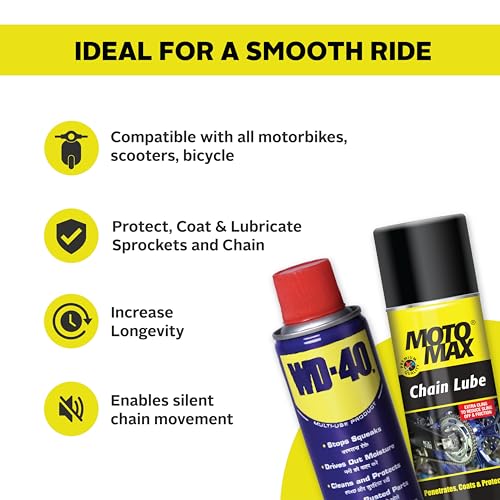 Pidilite WD 40 Maintenance Spray (170 g) with Motomax Chain Lubricant Spray (200ml) Combo Pack | Clean & Lubricate Bike Chains, No Grime Rust Corossion & Friction, Silent and Smooth movement, Enhance Life - Image 5