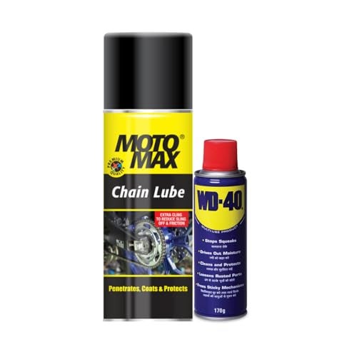 Pidilite WD 40 Maintenance Spray (170 g) with Motomax Chain Lubricant Spray (200ml) Combo Pack | Clean & Lubricate Bike Chains, No Grime Rust Corossion & Friction, Silent and Smooth movement, Enhance Life - Image 1