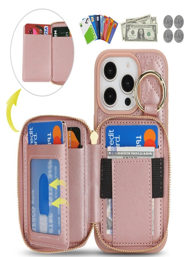 Hamany for iPhone 16 Pro Case Wallet with Card Holder,for iPhone 16 Pro Phone case Wallet with Zipper with Slot Kickstand Stand Case for Women and Man 5G 6.3 Inch-Rose Gold - Image 4