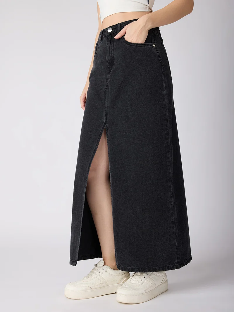 globus Women Solid Mid-Rise Front Slit Straight Maxi Denim Skirt