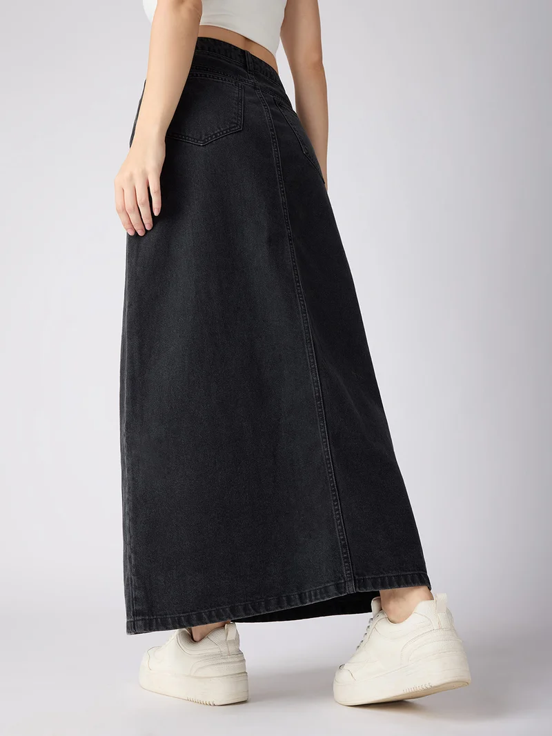 globus Women Solid Mid-Rise Front Slit Straight Maxi Denim Skirt