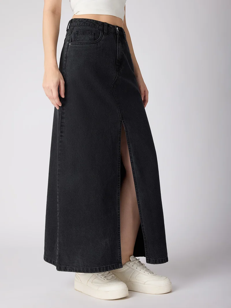 globus Women Solid Mid-Rise Front Slit Straight Maxi Denim Skirt