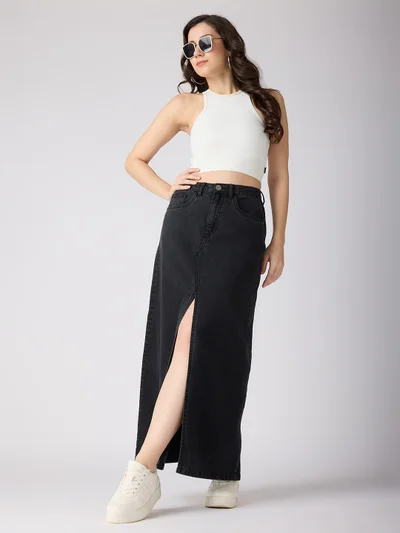 globus Women Solid Mid-Rise Front Slit Straight Maxi Denim Skirt