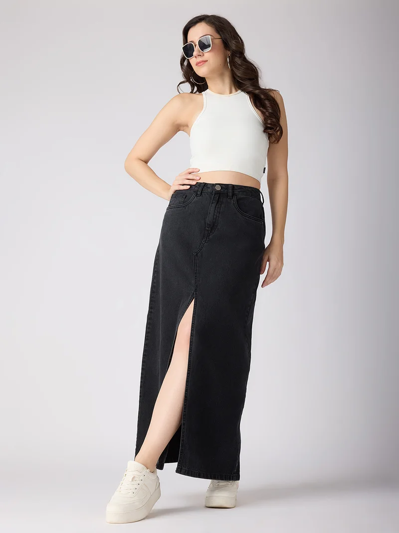 globus Women Solid Mid-Rise Front Slit Straight Maxi Denim Skirt