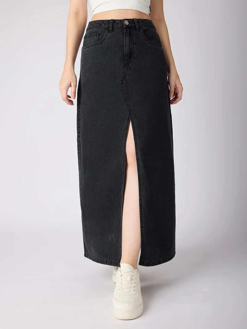 globus Women Solid Mid-Rise Front Slit Straight Maxi Denim Skirt