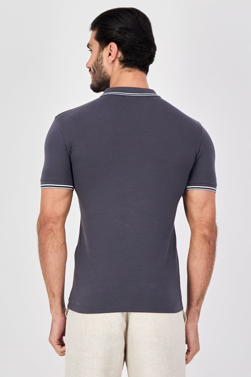 Celio Men Regular Fit Plain Short Sleeve Polo Shirts, Dark Grey - Image 2