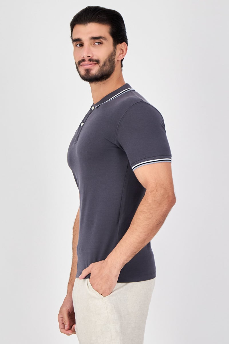 Celio Men Regular Fit Plain Short Sleeve Polo Shirts, Dark Grey - Image 4