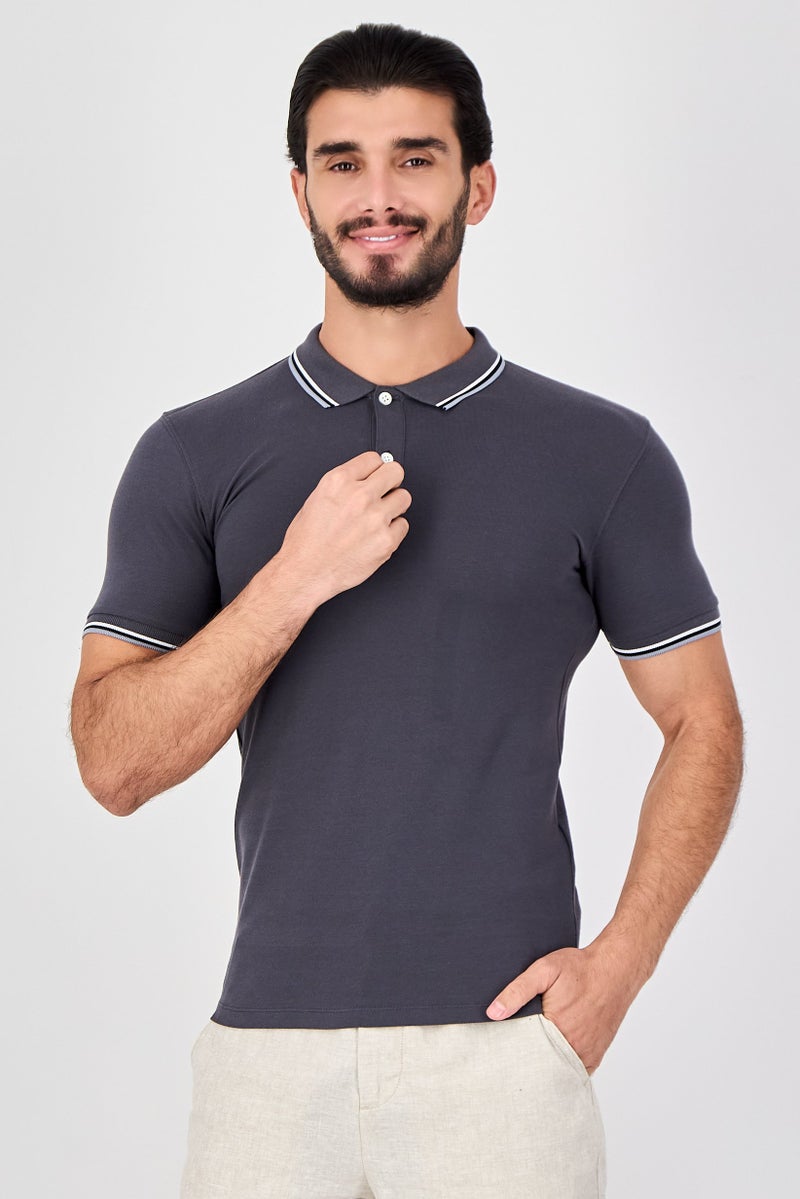 Celio Men Regular Fit Plain Short Sleeve Polo Shirts, Dark Grey - Image 1