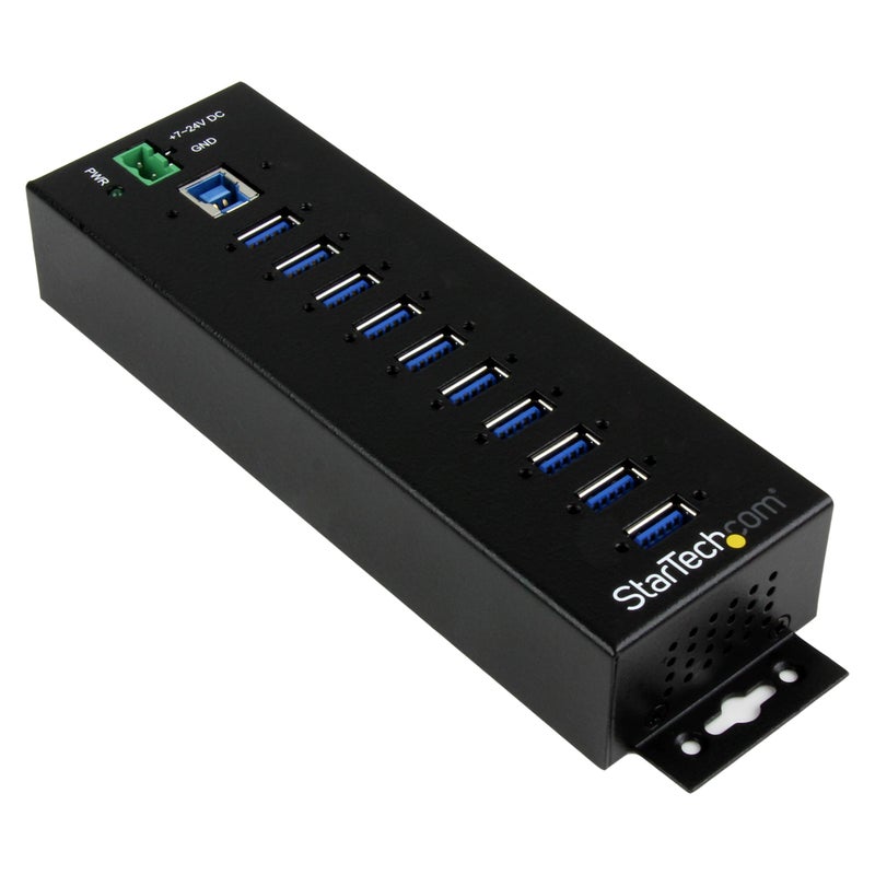 StarTech.com 10 Port USB Hub with Power Adapter - Surge Protection - Metal Industrial USB 3.0 Data Transfer Hub - Din Rail, Wall or Desk Mountable - High Speed USB 3.1 Gen 1 5Gbps Hub (HB30A10AME) - Image 1