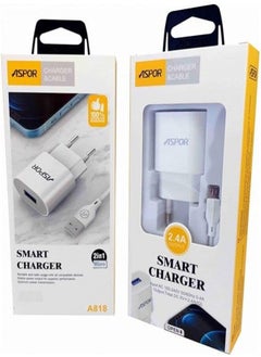 Aspor A818 Smart Charger With 2.4 A Output And 1 USB For 2 in 1 Micro Cable Set of 2 Pieces - White