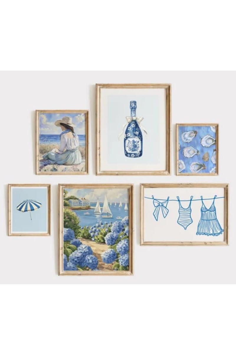 Baccone Coastal Cowgirl Wall Art Set of 6 Beach Canvas Wall Decor Blue Aesthetic Wall Art Preppy Coquette Poster Trendy Beachy Pictures Coastal Granddaughter Prints for Living Room Bedroom 12x16 Inch Unframed - Image 1