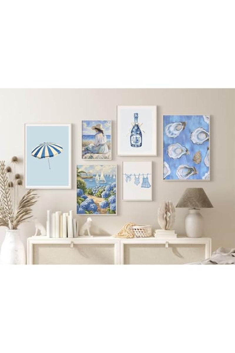 Baccone Coastal Cowgirl Wall Art Set of 6 Beach Canvas Wall Decor Blue Aesthetic Wall Art Preppy Coquette Poster Trendy Beachy Pictures Coastal Granddaughter Prints for Living Room Bedroom 12x16 Inch Unframed - Image 3