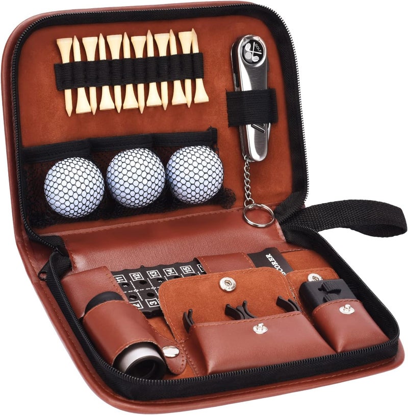 Jiskan Golf Accessories Set with Hi-End Leather Case, Golf Balls, Rangefinder, Tees, Brush, Divot Knife, Scorer, and Ball Clamp - Image 1