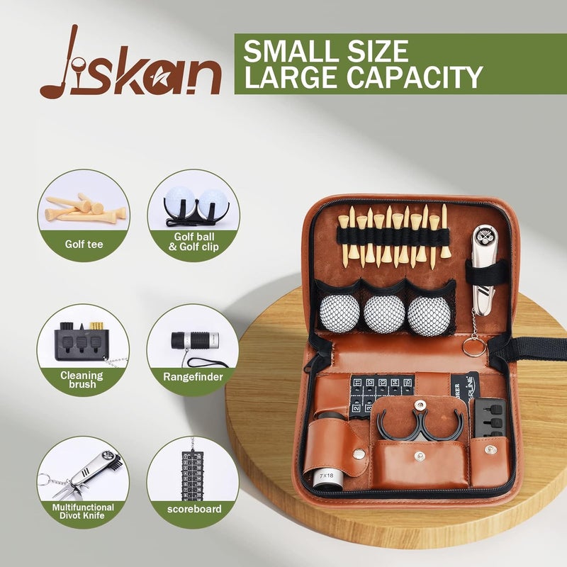 Jiskan Golf Accessories Set with Hi-End Leather Case, Golf Balls, Rangefinder, Tees, Brush, Divot Knife, Scorer, and Ball Clamp - Image 2