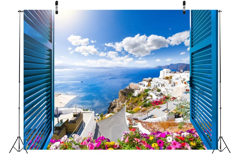 Loccor 7x5ft Fabric Greece Backdrop Santorini Island Traditional Architecture Flowers Aegean Sea Window Scenery Background Momma Mia Theme Birthday Party Decorations Wedding Photo Booth Props - Image 2