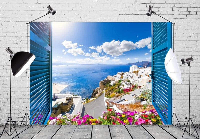 Loccor 7x5ft Fabric Greece Backdrop Santorini Island Traditional Architecture Flowers Aegean Sea Window Scenery Background Momma Mia Theme Birthday Party Decorations Wedding Photo Booth Props - Image 4