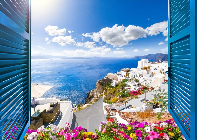 Loccor 7x5ft Fabric Greece Backdrop Santorini Island Traditional Architecture Flowers Aegean Sea Window Scenery Background Momma Mia Theme Birthday Party Decorations Wedding Photo Booth Props - Image 3