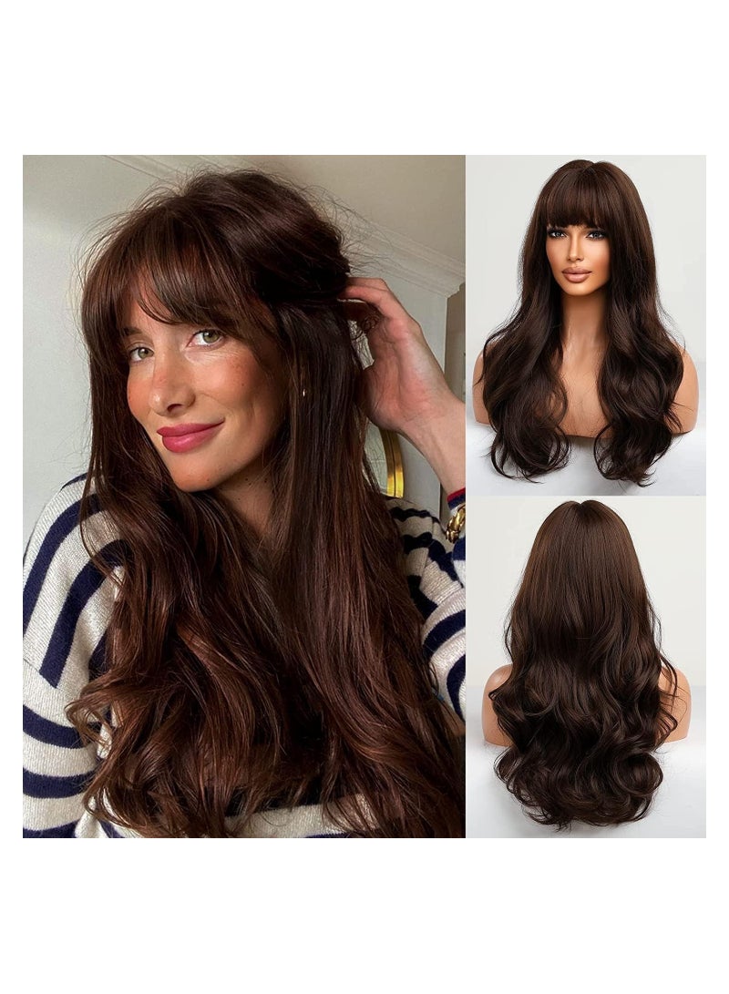 Estelle Hair Long Wavy Wig With Bangs High Synthetic Heat Resistant Wigs Curly Wavy Hair Wigs for Women Girls Beauty Fashion Natural Looking Curly Hair (long, loose curly dark brown) - Image 1