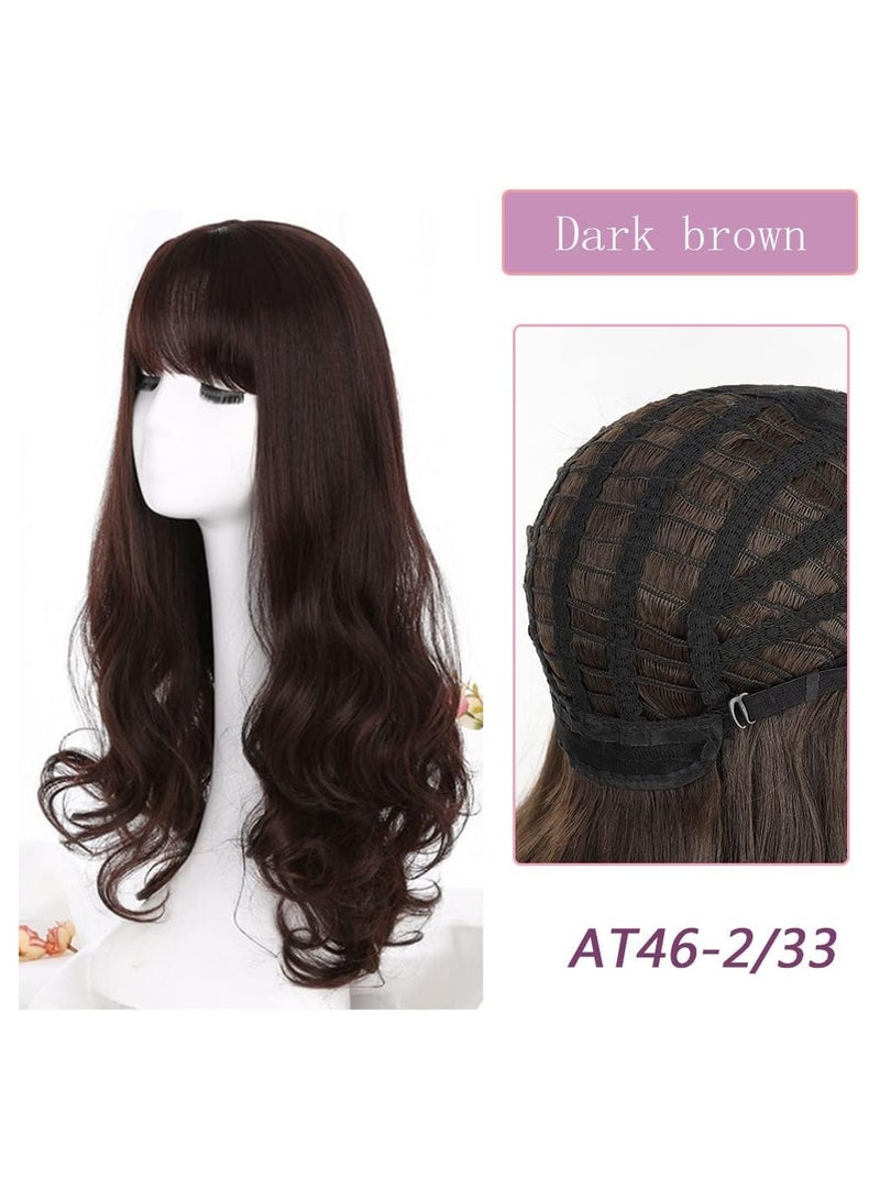 Estelle Hair Long Wavy Wig With Bangs High Synthetic Heat Resistant Wigs Curly Wavy Hair Wigs for Women Girls Beauty Fashion Natural Looking Curly Hair (long, loose curly dark brown) - Image 2