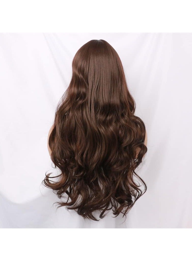Estelle Hair Long Wavy Wig With Bangs High Synthetic Heat Resistant Wigs Curly Wavy Hair Wigs for Women Girls Beauty Fashion Natural Looking Curly Hair (long, loose curly dark brown) - Image 3