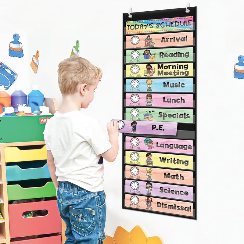 ABCxGOOD Daily Schedule Pocket Chart, Toddler Schedule Chart, 13+1 Pocket, with 21 Dry-Erase Reusable Cards Classroom Must Haves Pocket Chart - Image 4