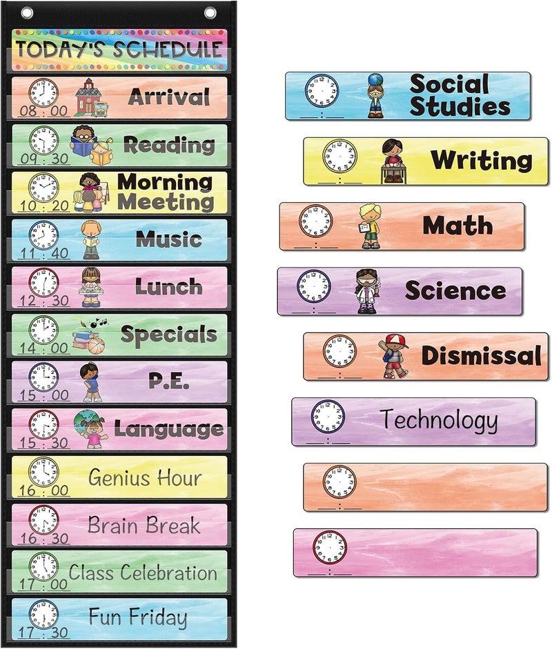 ABCxGOOD Daily Schedule Pocket Chart, Toddler Schedule Chart, 13+1 Pocket, with 21 Dry-Erase Reusable Cards Classroom Must Haves Pocket Chart - Image 1