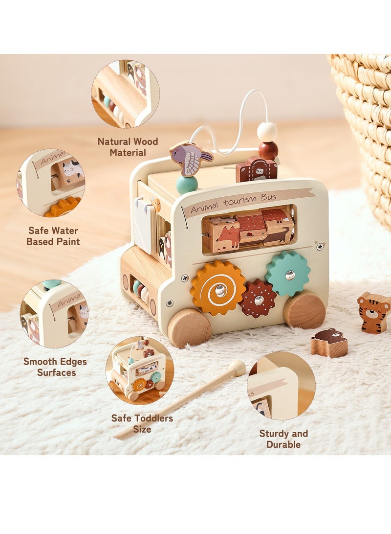 Montessori Wooden Bus montessori educational toys for kids learning sensory toys for children busy Box, Beige - Image 3