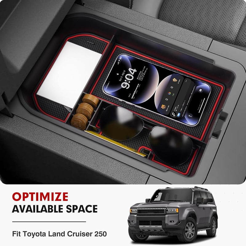Autorder Center Console Organizer for 2024-2026 Toyota Land Cruiser 250 Prado J250 LC250 Accessories Armrest Storage Box Secondary Insert Tray with with Black & Red Silicone Mats(Not for Cool Box) - Image 2