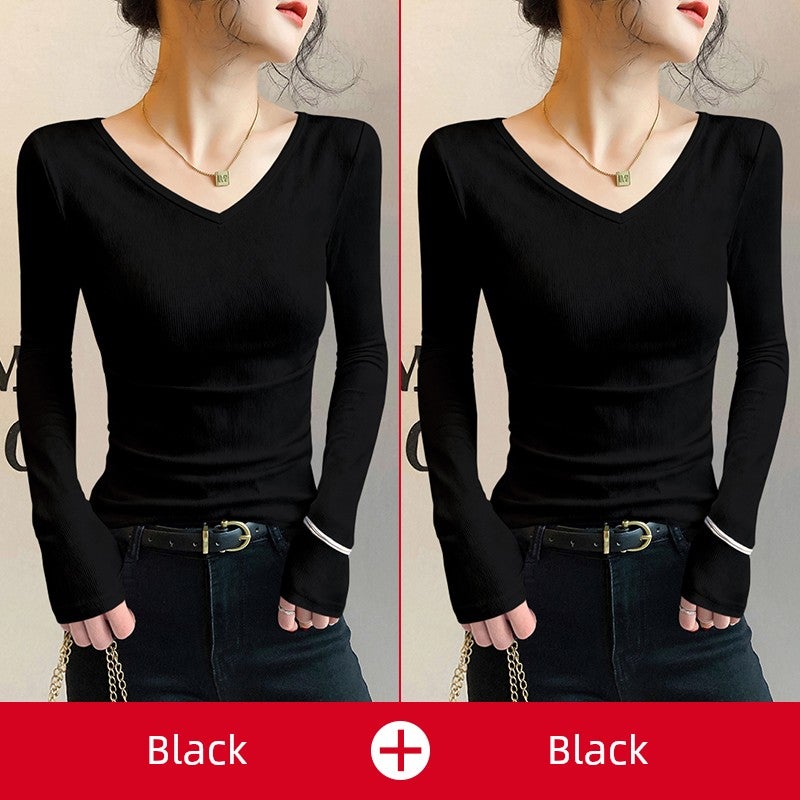 V-neck long-sleeved T-shirt for women in spring, autumn, and winter, slim-fit inner wear, chicken heart collar, modal base shirt, anti-aging temperament, popular top - Image 2