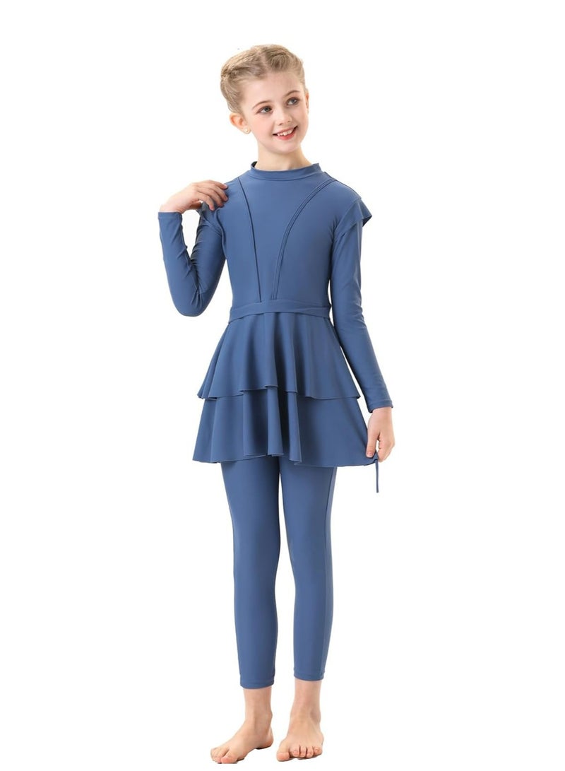 Oasisgalore 130 CM 3 Pcs Kids Burkini Swimsuits, Girls Modest Muslim Swimwear, Include Long Sleeve Swim Top, Pants, Hijab - Image 1
