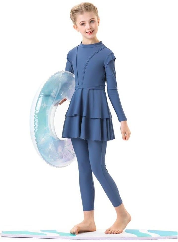 Oasisgalore 130 CM 3 Pcs Kids Burkini Swimsuits, Girls Modest Muslim Swimwear, Include Long Sleeve Swim Top, Pants, Hijab - Image 2