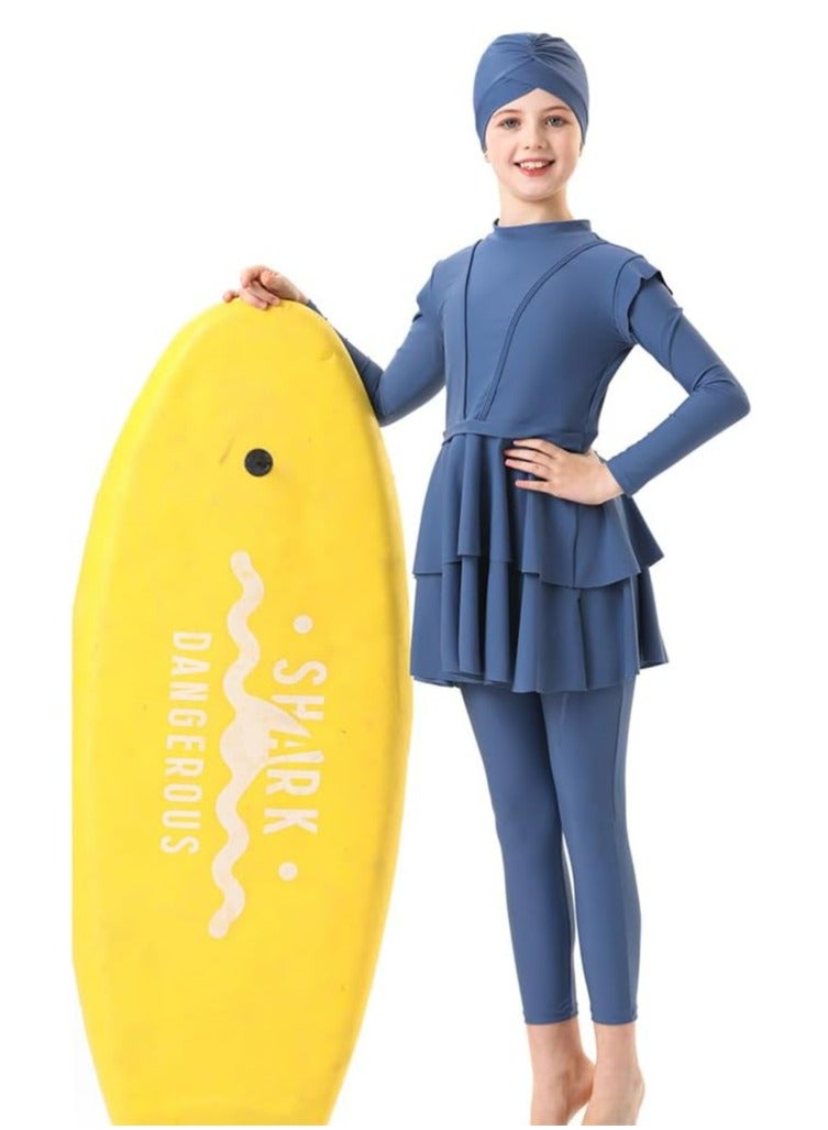 Oasisgalore 130 CM 3 Pcs Kids Burkini Swimsuits, Girls Modest Muslim Swimwear, Include Long Sleeve Swim Top, Pants, Hijab - Image 3