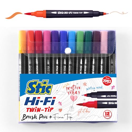 Stic 12 Brush Dual Tip Porous Pens Fineliner Art Markers Doodle Acrylic Alcohol Soft professional Set Assorted Sketch Colours calligraphy lettering adult journal outline highlighting scrapbooking - Image 1