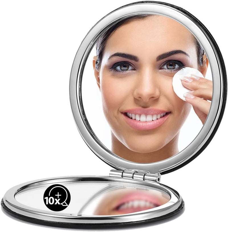 OMIRO Compact Mirror, Round PU 1X/10X(300R) Magnification, Ultra-Portable for Purses and Travel, Black - Image 1