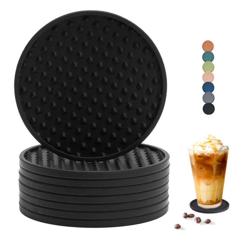 Coga Drink Coasters Set of 8  Silicone Coasters Tabletop Protection for Any Table Type Wood Glass Stone Tables Dishwasher Safe Coasters for Drinks Fits Any Size of Drinking Glasses Black