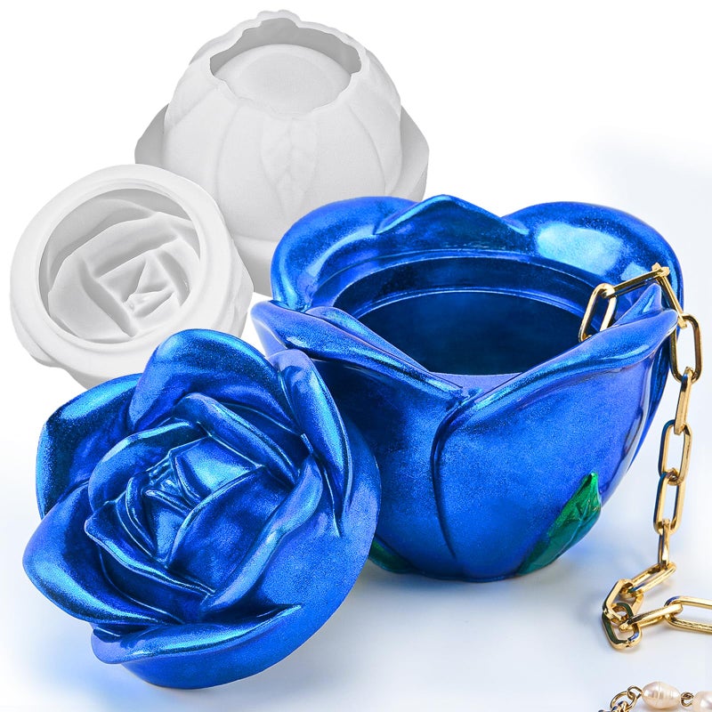 Dacies Epoxy Resin Storage Box Silicone Molds Rose Shape Candle Jar with Lid Concrete Mould Cement Jesmonite Planter Candle Vessels Candlestick Craft Gift Mold Resin Jewelry Container Flowerpot Casting Mould - Image 1