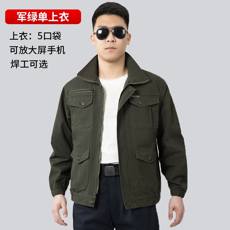 Spring and Autumn Thickened Tooling Jacket Welder Optional Front and Rear Reflective Strip Cotton Fabric Labor Protection Work Clothes Jacket Jacket Army green single top