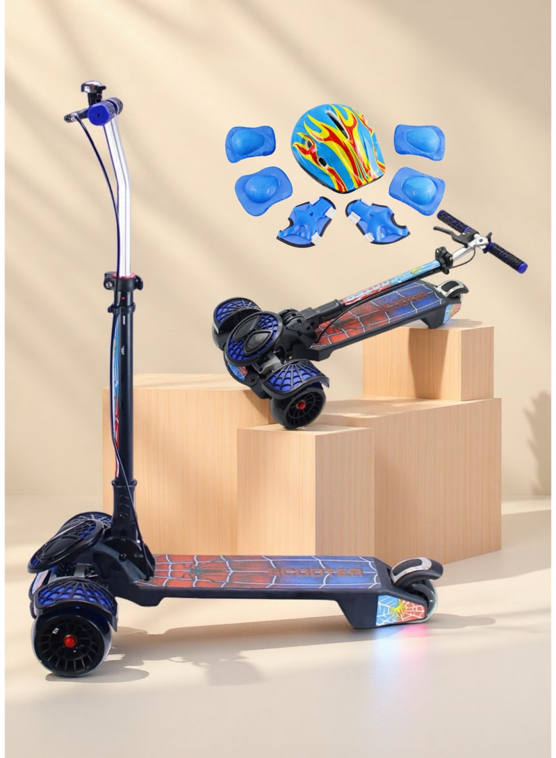 EASY FUTURE 3-8 Years Kids Scooter with Foldable Frame, Adjustable Handlebar, LED PU Wheels, Rear Brake, Handle Brake & Built-in Music Including Full Protective Gear Set - Image 1