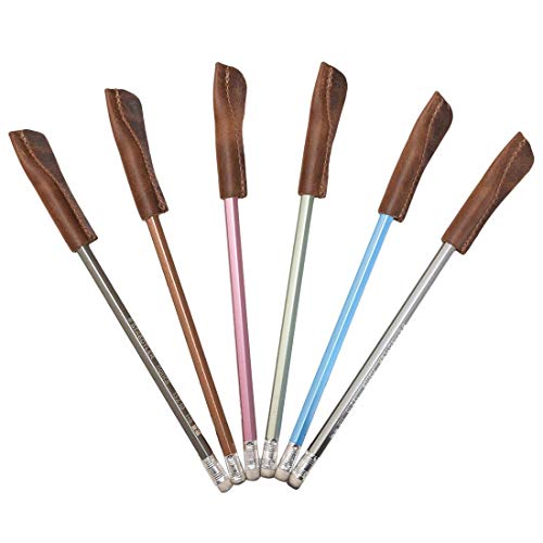Hide & Drink Hide Drink Set of 6 Pencil Caps Pencil Lead Protectors Classy Covers Office Essentials Accessories Full Grain Leather Handmade Bourbon Brown - Image 1