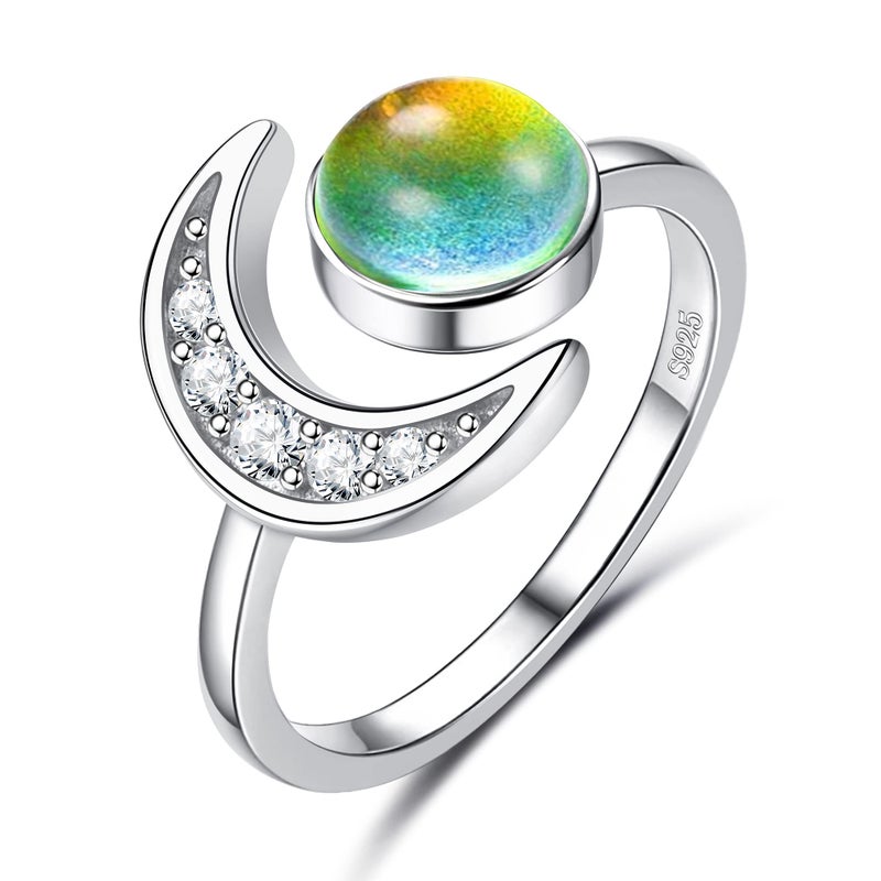 ADRAMATA 925 Sterling Silver Mood Ring Moon Star Open Adjustable Rings for Women 18K White Gold Plated Color Changing Rings Temperature-Control Star and Moon Rings Statement Jewelry, Round - Image 1