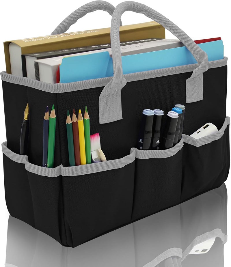 Cupohus Art Organizer Craft Storage Tote Bag with Pockets and Hadles, Oxford Fabric Carrying Caddy for Teacher, Officer, Artist, Students, Traveler, and more – Black with Grey Edge - Image 1