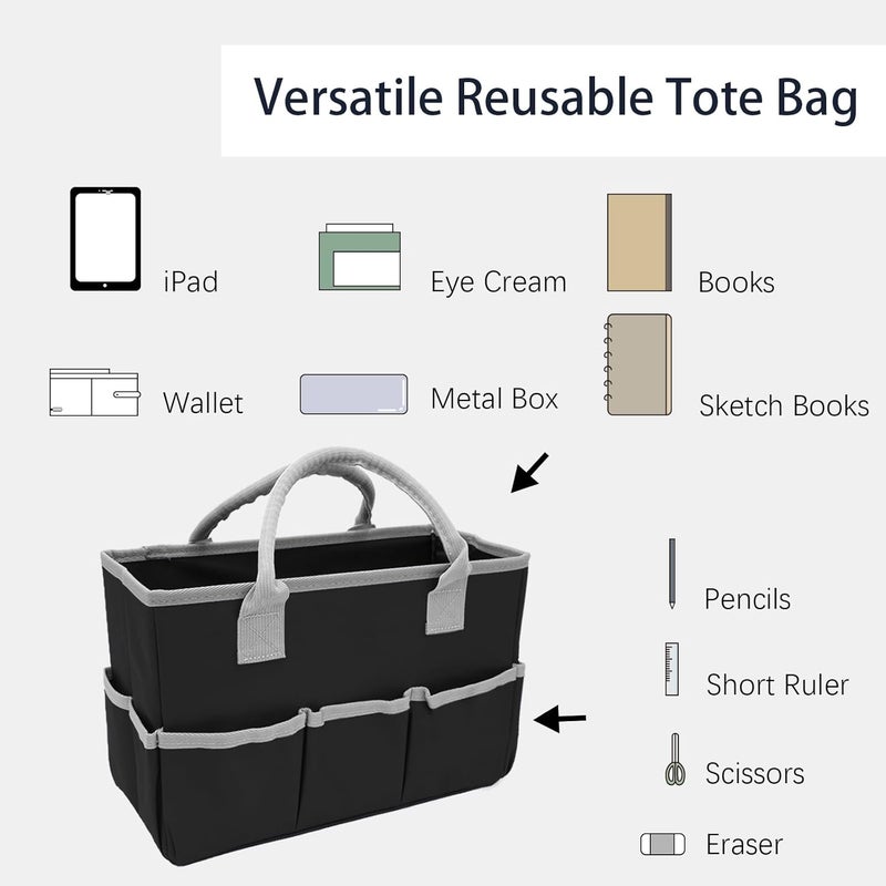 Cupohus Art Organizer Craft Storage Tote Bag with Pockets and Hadles, Oxford Fabric Carrying Caddy for Teacher, Officer, Artist, Students, Traveler, and more – Black with Grey Edge - Image 2