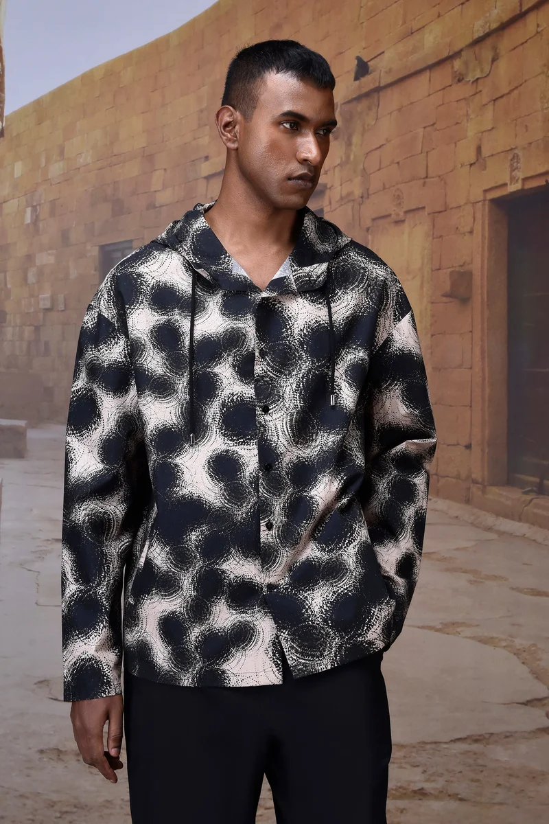 Genes Lecoanet Hemant Black Graphic Hood Shirt in Giza Cotton Poplin