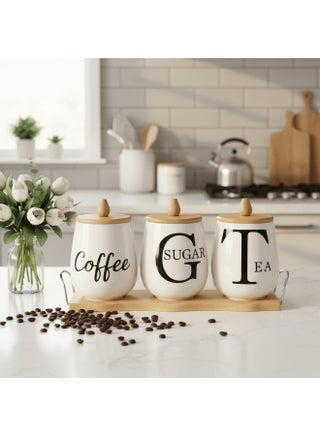 AKDC PureStore 3-Piece White Ceramic Canister Set with Wooden Base & Lid Storage Solution 28×10cm