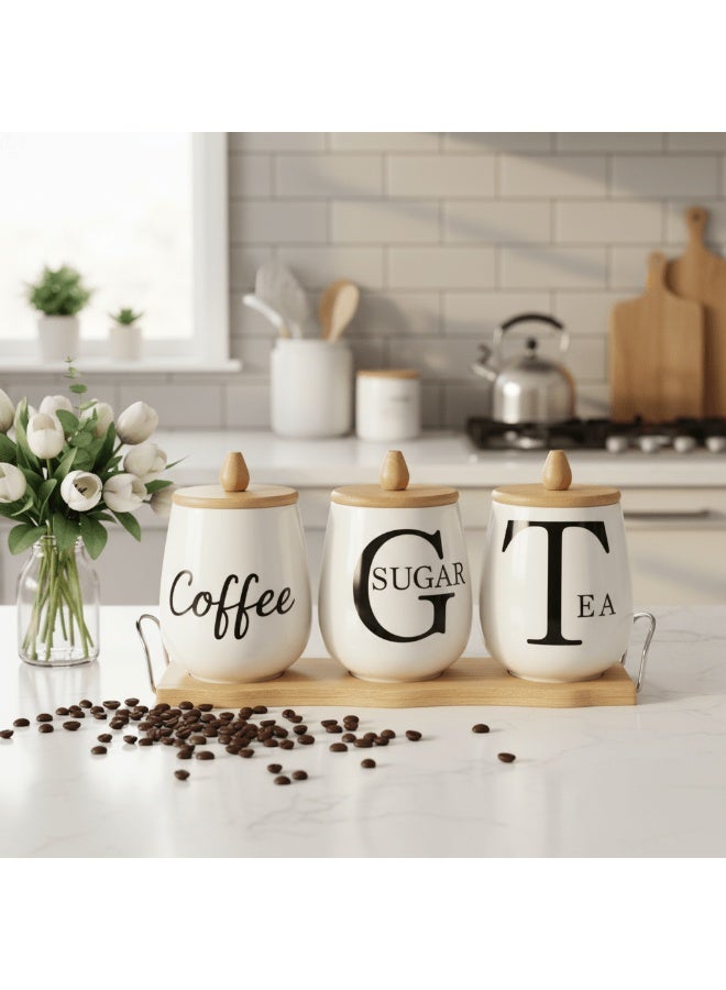AKDC PureStore 3-Piece White Ceramic Canister Set with Wooden Base & Lid Storage Solution 28×10cm - Image 1