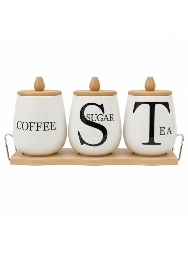 AKDC PureStore 3-Piece White Ceramic Canister Set with Wooden Base & Lid Storage Solution 28×10cm - Image 2