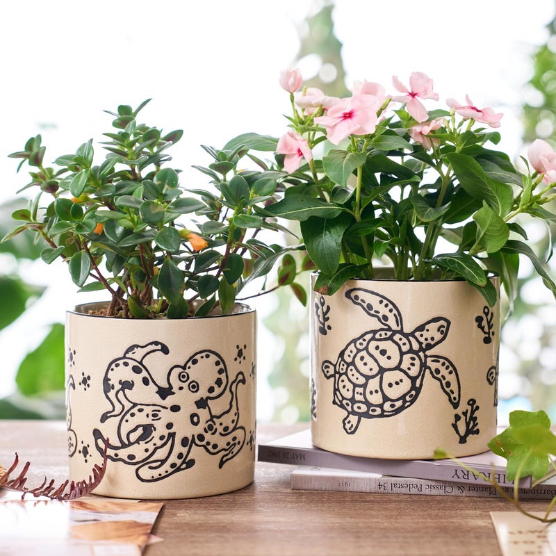 STHIE 5 Inch Ceramic Plant Pots with Drainage Holes, Small Round Flower Pots for Indoor Plant, Unique Animal Flower Planters (Sea Turtle) - Image 5